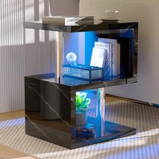 High Gloss Small Side Table, S-Shaped Sofa Side Table with Storage Shelves & RGB