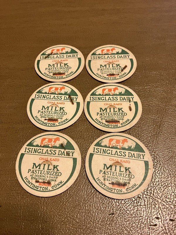 Lot of 6 Isinglass Dairy Huntington,Conn.Milk Caps 