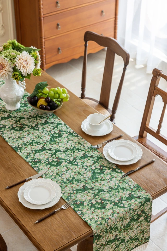 Vintage Floral Table Runner French Country Style Tassel Decor Dining Kitchen - Image 3 of 4
