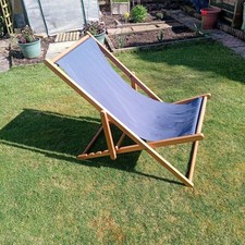 Vintage/Retro Style Folding Reclining Blue Canvas & Wood Beach Garden Deck Chair