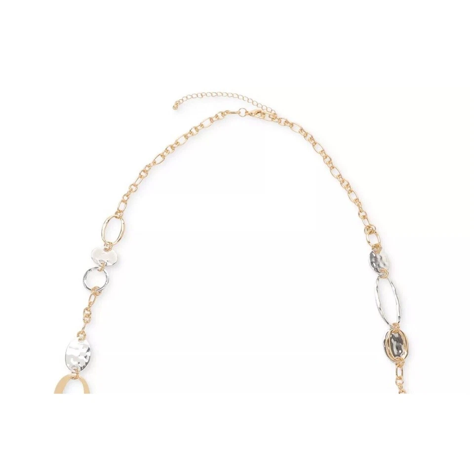 Collar Disco Martillado Tono Oro y Plata | Cadena Figaro Chic Brillante 43" Largo Nuevo con Etiquetas Foto 4 de 4