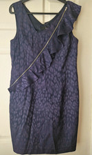 NEXT Blue Leopard Jacquard Shift Dress Sleeveless Ruffle Lined Zip Size 14