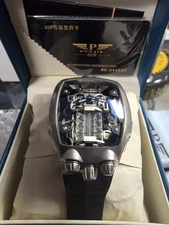 2025 PINDU Men's Automatic Watch 44mm Car Engine Design Silver/ Black