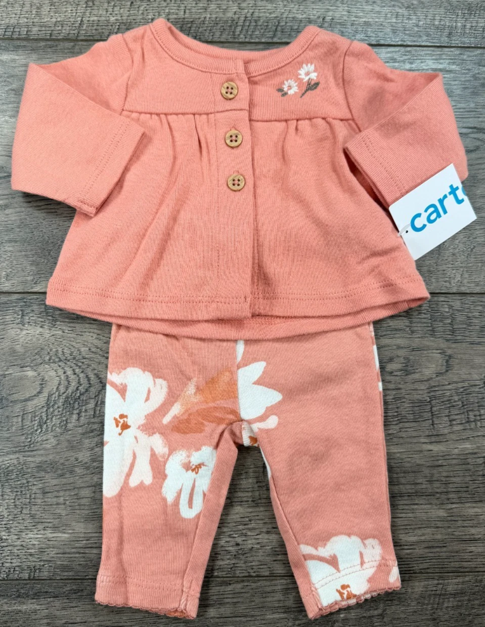 Baby Girl Clothes New Carter's Preemie Coral Dusty Pink Flower 2pc Outfit