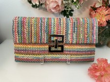 Summer Straw Clutch Purse Woven Beach Bag Evening Purse Multicolor Gold Tone EUC