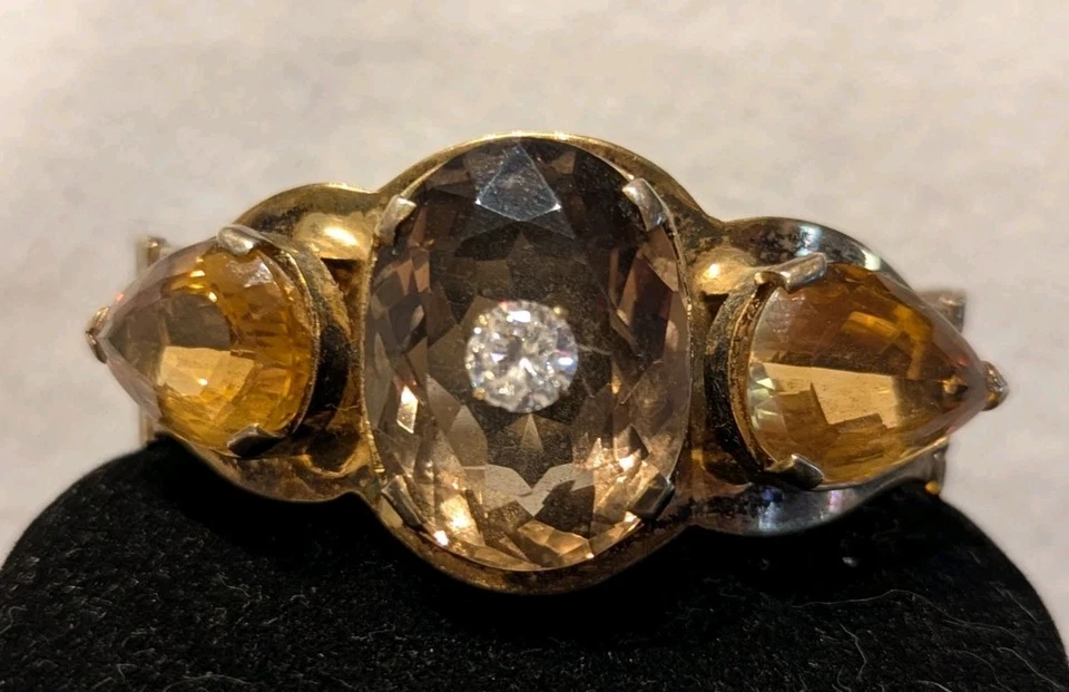 Vintage Gold Over Sterling Silver Faceted Huge Citrine & Smoky Quartz Bracelet - Image 2 of 4