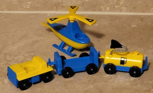 Vintage Fisher Price Little People Blue/Yellow Helicopter Tanker Luggage Cart