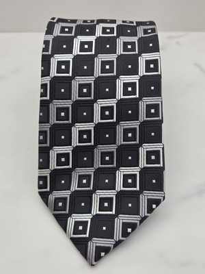 Vintage Bergamo New York Mens Necktie Black Gray Silver Geometric Squares 3.25