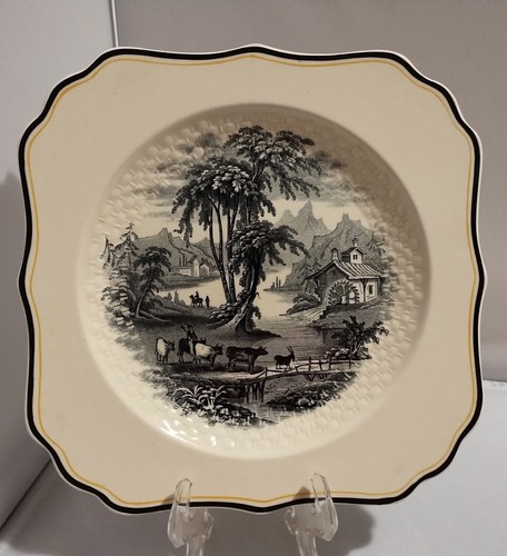 3 Vintage Royal Doulton Creamware Black Transfer Square Plates Pastoral Scenes - Picture 2 of 13