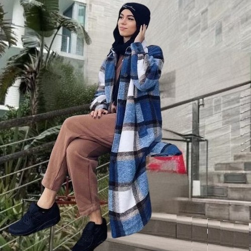 H&M Trend Conscious Oversized Warm Wool Blend Blue Plaid Coat Long Jacket sz XL - Picture 2 of 5