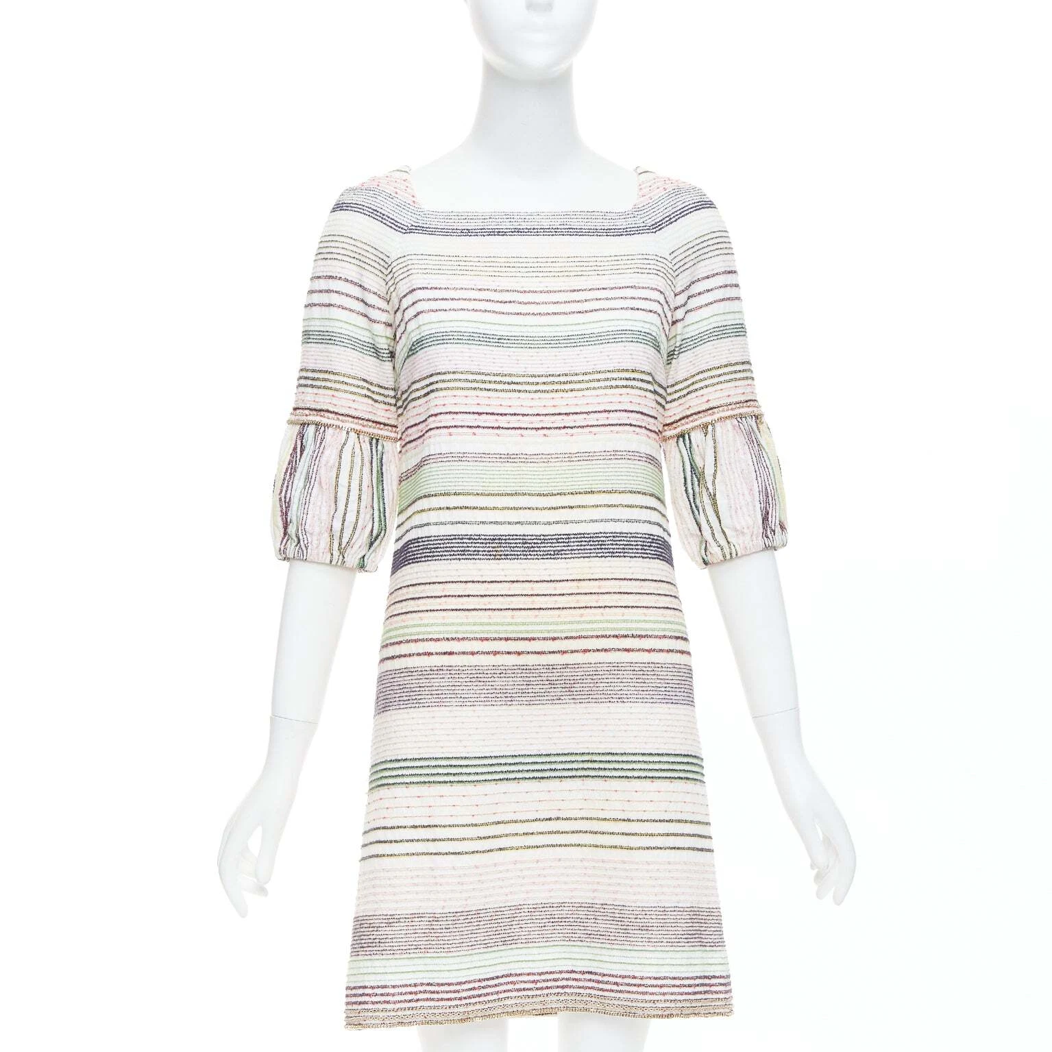 Abito CHANEL 07A Runway bianco multicolore tweed catena bordato manica FR36 S