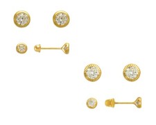 Round Bezel CZ Stud Earrings 14K Solid Gold Women Ear Stud Pierced Earrings