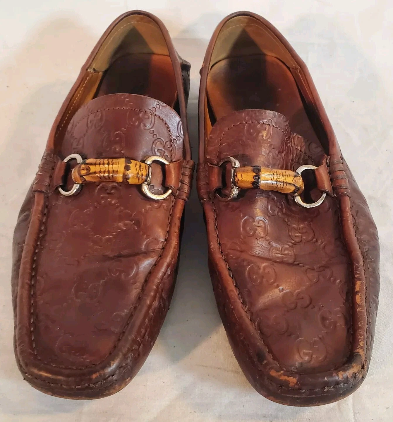 Mocassins homme GUCCI 7,5 Guccissima cuir marron conducteurs bambou 