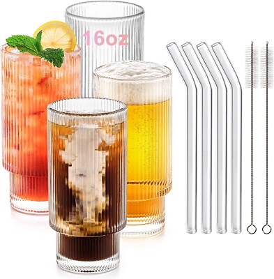 Glass Cups with Straws 12 OZ Ribbed Drinking Glasses Set of 4 Cocktail Glasses