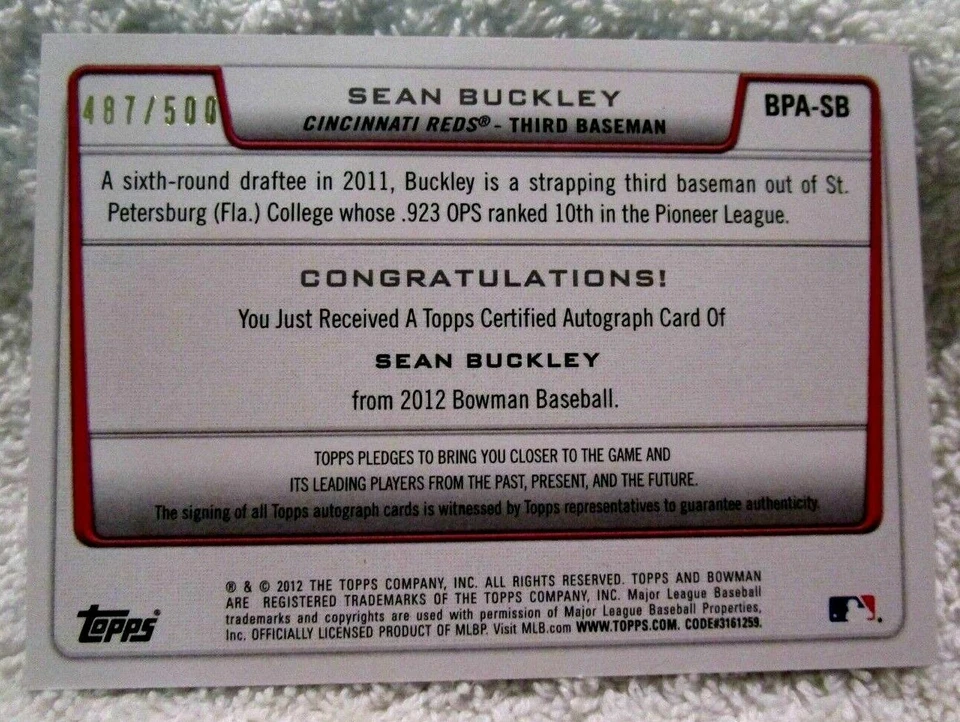 Sean Buckley 2012 Bowman Prospects Blue Parallel ROOKIE AUTO#487/500 Card!Reds - Image 2 of 2
