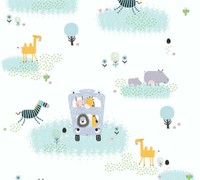 Kinder Tapete Vlies Safari Tiere Bus Bunt Weiß As Creation 38114-1 (4,19€/1Qm)