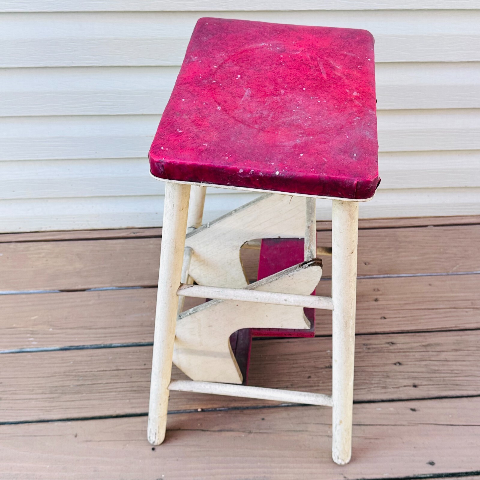 vtg wood step stool fold out steps White w red farmhouse 50s