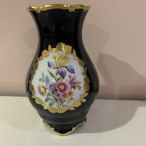 Vtg German J L Menau Graf von Henneberg Echt Cobalt Blue Floral Porcelain Vase 7