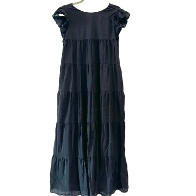 La Ven Women s Tiered Maxi Dress Size Medium Black Flutter Sleeves Boho Tie Neck