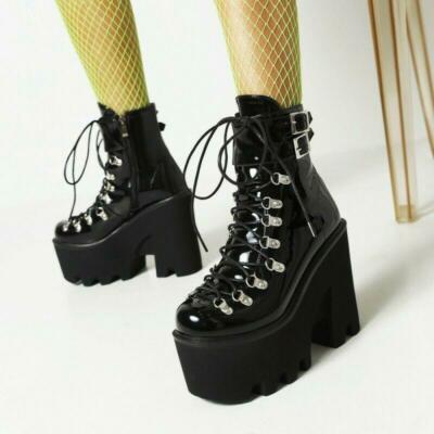 Womens Lace Up Gothic Platform Ankle Boots Biker Buckle Casual Zip Shoes Punk