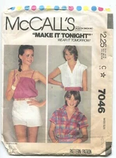 MCCALL'S SEWING PATTERN 7406 MISSES' SHIRT & CAMISOLE SZ 14-16 UNCUT 1980