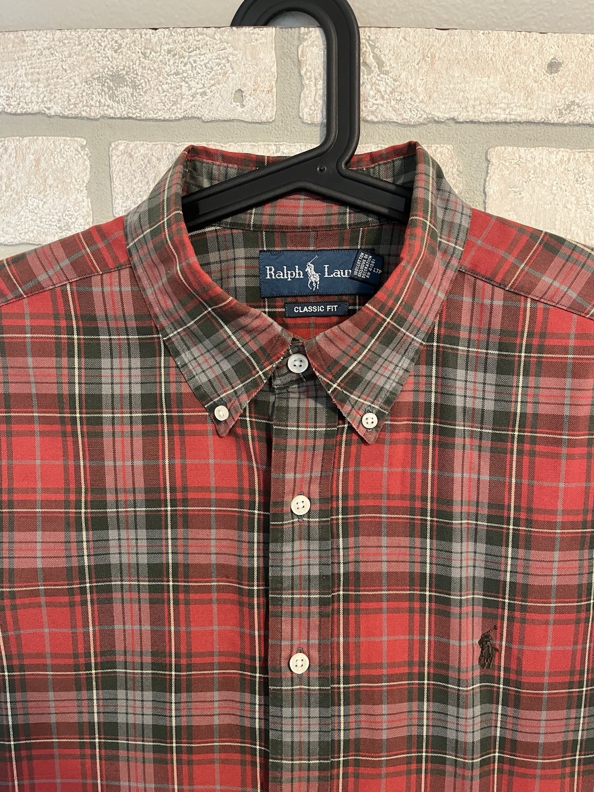 Polo Ralph Lauren uomo L vestibilità classica rosso verde quadri camicia con bottoni marrone pony