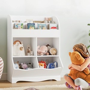 Homfa Kids Cubby Toy Storage Cabinet with 2-Tier Book Rack, White Wood Cube