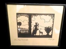 Jugendstil Scherenschnitt Dame mit Hund gerahmt signiert E. Pfeng 30x24