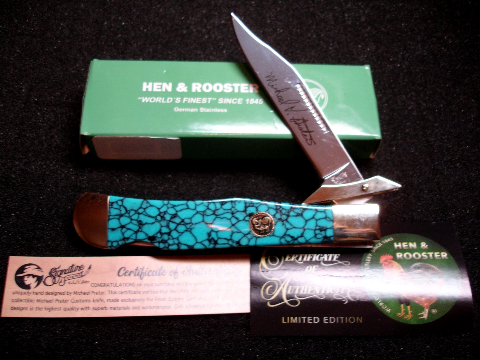 HEN & ROOSTER MICHAEL PRATER CUSTOM WEB TURQUOISE  BIG SWING GUARD CHEETAH KNIFE