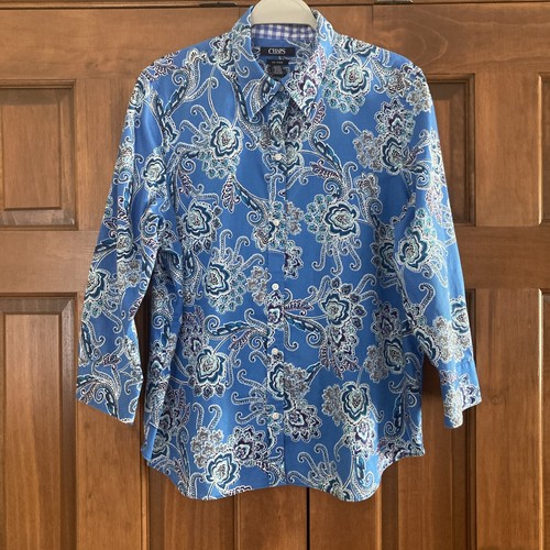 Chaps No Iron blaues geblümtes Hemd mit Knopfleiste Oberteil Damen Größe XL