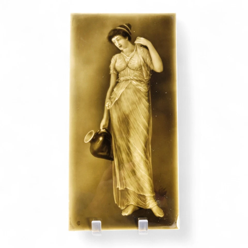 Art Nouveau Sherwin & Cotton Victorian tile “Lady with Ewer” c1890 mustard glaze - Image 2 of 4