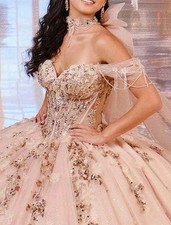 Quincea era ball gown w/ corset bodice  embellished off-the-shoulder straps