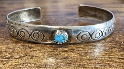 Stamped Sterling Silver Turquoise Cuff Bracelet - Early Vintage Southwestern