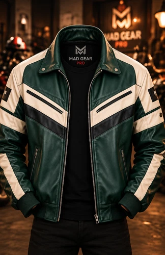 Mens Green White Genuine Cowhide Leather Jacket Retro Biker Racing Bomber Coat image 6