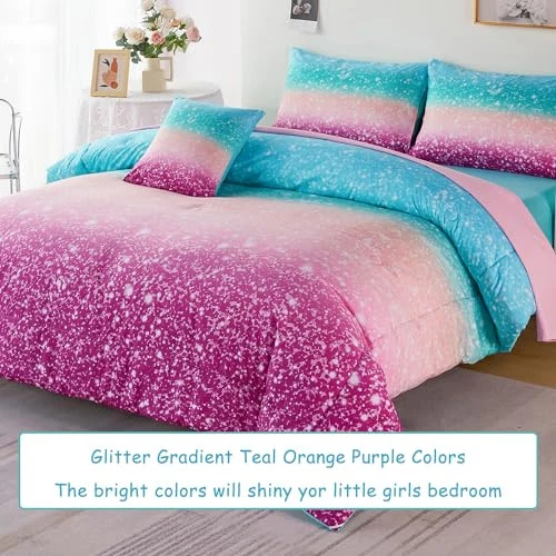  Juego de edredón de 6 piezas con brillo para niñas talla doble degradado tie dye púrpura azul  Foto 2 de 4