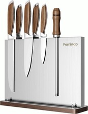 Magnetic Knife Block Double Sided Stainless Holder w/ Wood Base