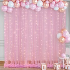 10x8 Ft Pink Backdrop Curtain Lights String Sheer Tulle Wedding Photo Drapes