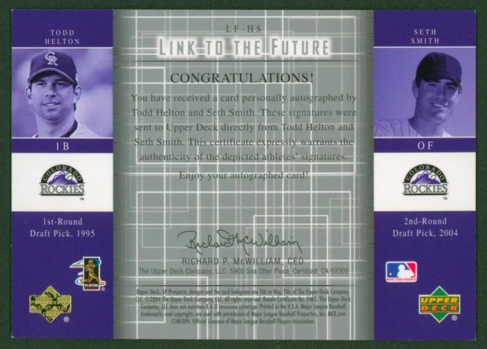 2004 SP Prospects TODD HELTON SETH SMITH RC Link to the Future Dual Auto #/100 - Image 2 of 2