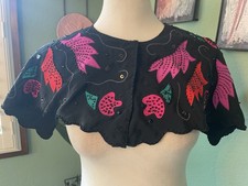 Vintage Bead Embellished Scalloped Silk Embroidered Caplet Snap Closure Colorful
