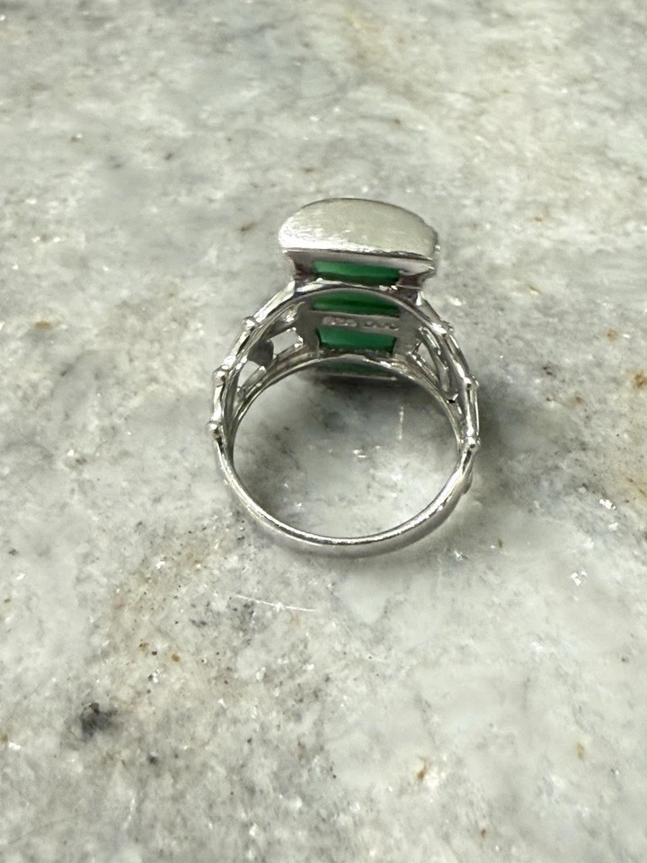 Deslumbrante anel de bambu jade verde 925 assinado por BBJ prata esterlina tamanho 7,75-8 - Imagem 4 de 4