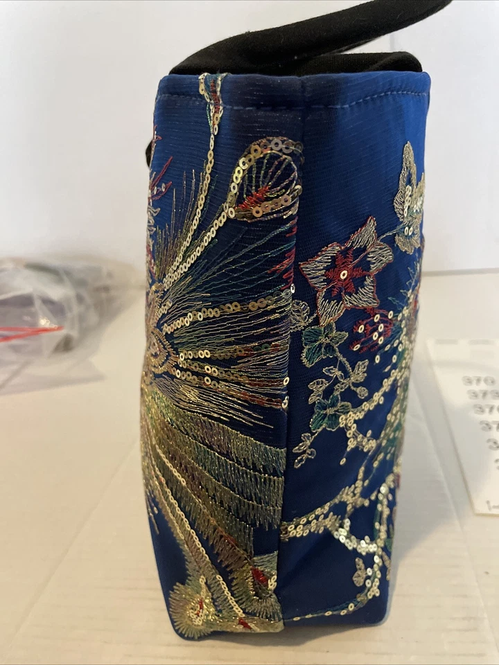 Bolso Cartera Boho Mediano Para Mujer Azul Marino Brillante Lentejuelas Pavo Real Bordado Foto 3 de 4