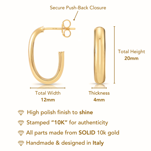 10K Real Solid Yellow Gold Shiny Polished Oval Chunky Italian Hoop Earrings 20MM - Picture 2 of 8