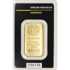 1 oz. Gold Bar - Argor Heraeus - 999.9 Fine in Assay