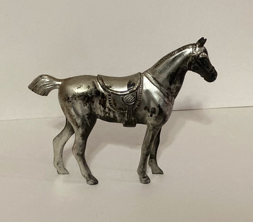 Vintage Silver Tone Metal Horse Figure Statue 5" Height Saddle Equestrian