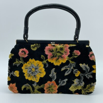 DOVA USA Vintage Womens Purse Black Leather Needlepoint Floral Bag 12.5x8