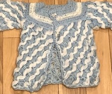 Crocheted Baby Sweater Blue and White Handmade size 0-6 Months Kids Cardigan
