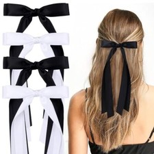 4PCS Hair Bows for Women Girls Black White Satin Tassel Hair Ribbon Bowknot H...