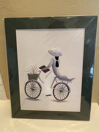 Hand Embroidered Picture Asian Art 9.5 X 12 inches matted woman on bike