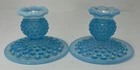 1 Pair Vintage 1950's Fenton Blue Opalescent Hobnail Candleholders Candle Sticks