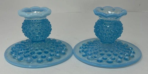 1 Pair Vintage 1950's Fenton Blue Opalescent Hobnail Candleholders Candle Sticks